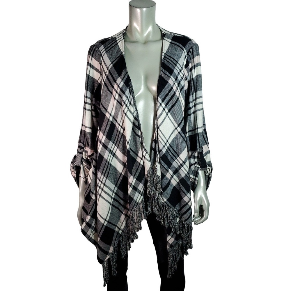 Torrid Flannel Drape Fringe Hem 3rd Piece Top‎ Sz 1X Open Front Tab Sleeve Black